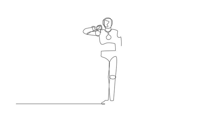 Animated self drawing of continuous line draw robot showing thumbs down sign. Dislike, disagree, disappointment, disapprove, no deal. Robotic artificial intelligence. Full length one line animation