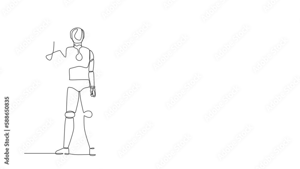 Poster animated self drawing of continuous line draw robot finger index up gesture. emotion and body langua