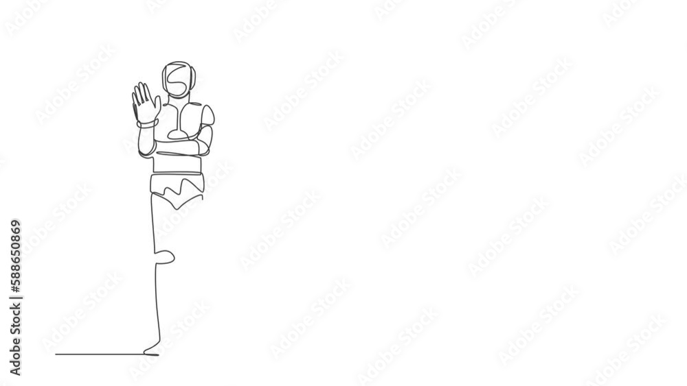 Poster self drawing animation of single line draw robot showing palm as stop sign, stay, hold gesture. futu