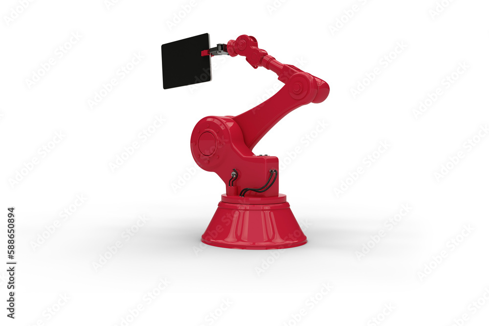 Poster composite image of digital tablet held by red machine