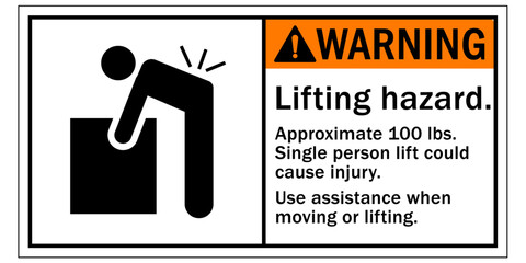 Lifting safety sign and labels lifting hazard. Approximate 1oo lbs. Single person lift could cause injury. Use assistance when moving or lifting