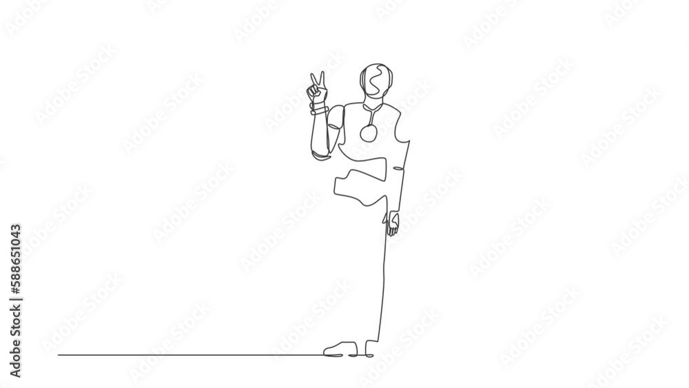 Poster animated self drawing of continuous line draw robot showing victory sign, gesture success. robot doi