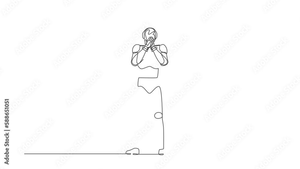 Poster self drawing animation of single one line draw robot covering mouth with hands, shocked with shame f