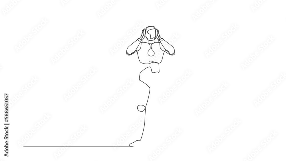 Poster animated self drawing of continuous one line draw robot covering his ears with hands, making don't h