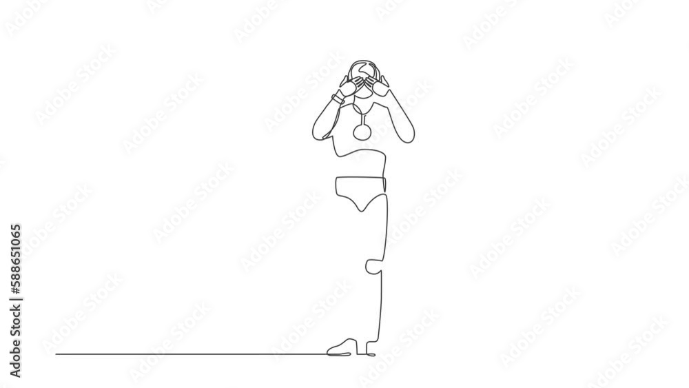Poster animated self drawing of continuous line draw robot closes his eyes with hands because of disgust an