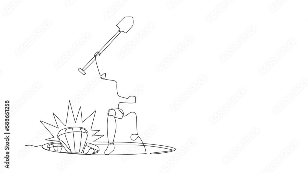 Poster animated self drawing of continuous line draw happy robot lifting shovel and finding diamond. humano