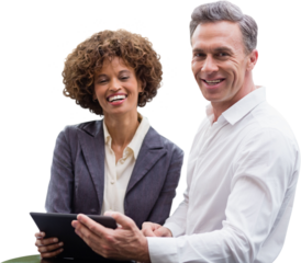 Portrait of business people posing with digital tablet 