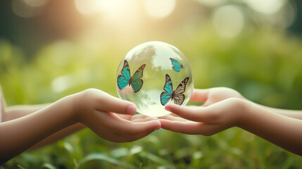 
hands holding  Globe Glass earth globe  earth day World environment day concept, Forest  green and city background, Generative AI