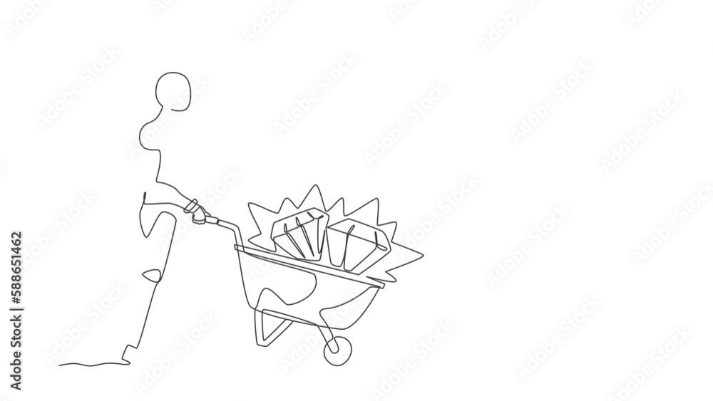 Poster animated self drawing of continuous line draw robot digging ground with shovel finding big diamond. 