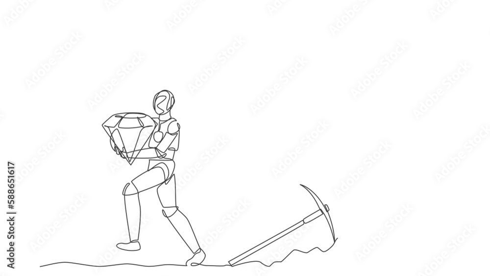 Poster self drawing animation of single one line draw robot bearing big diamond from underground. future te
