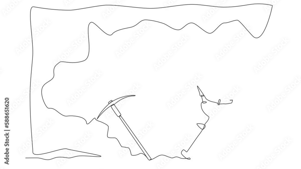 Poster animated self drawing of continuous line draw robot carrying treasure chest from underground. humano