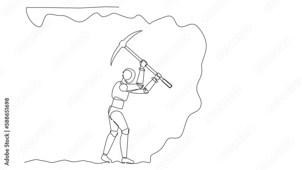 Poster self drawing animation of single one line draw robot digging with pickaxe looking for hidden treasur