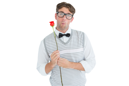 Geeky hipster holding a red rose 