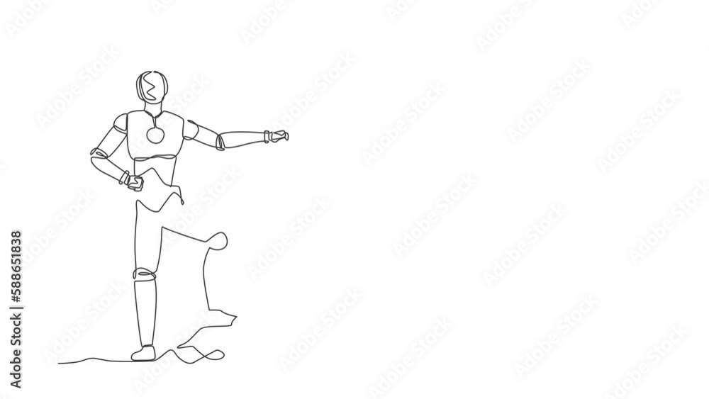 Poster animated self drawing of single continuous line draw happy robot standing near digging hole after wo