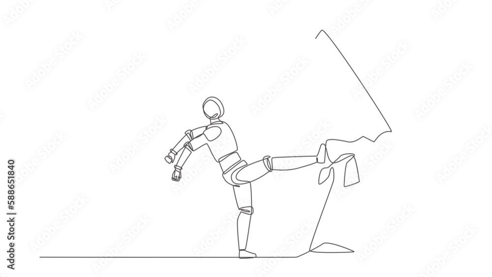 Poster animated self drawing of continuous one line draw robot doing karate kick to destroy the brick wall.