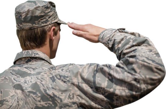 Rear view of a military soldier saluting 