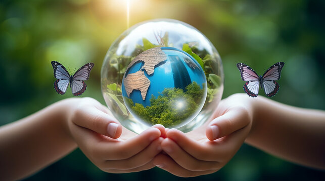 hands holding  Globe Glass earth globe  earth day World environment day concept, Forest  green and city background, Generative AI illustration