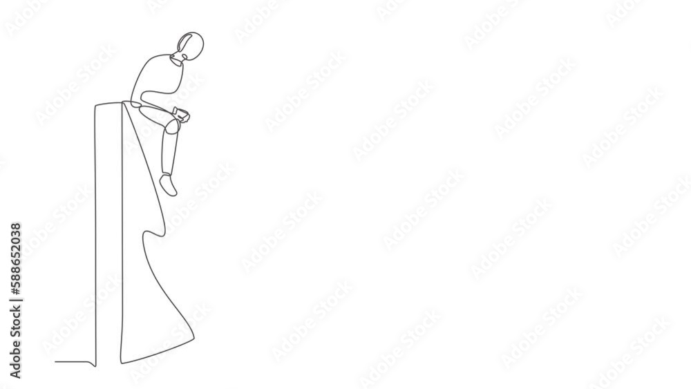 Poster animated self drawing of continuous line draw robot sad sitting on wall thinking of profit loss. rob