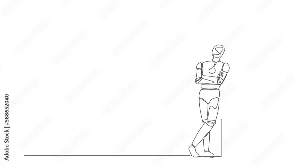 Poster animated self drawing of continuous line draw robot standing lean against wall, thinking something. 
