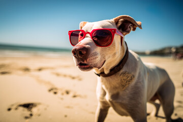 Abstract summer portrait on the beach on a hot, sunny summer day. Happy dog ​​with sunglasses and toys on the sand. Animal on vacation. Illustration, Generative AI.