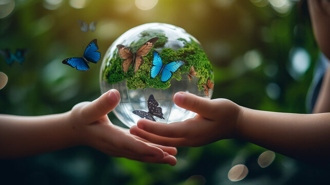 hands holding  Globe Glass earth globe  earth day World environment day concept, Forest  green and city background, Generative AI illustration