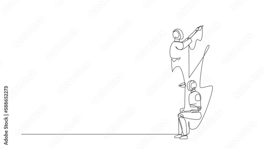 Poster self drawing animation of single line draw robot helping to lift another robot over brick wall. assi