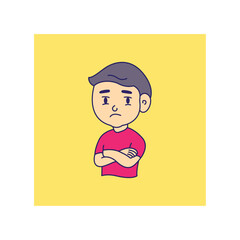 icon of sad boy black hairs cross arms cartoon vector illustration art
