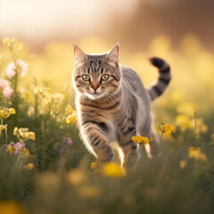 Naklejka na ściany i meble chat qui cours dans les fleurs