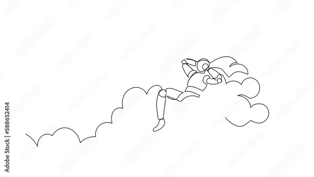 Poster self drawing animation of single line draw robot relaxing laying on clouds. future technology develo