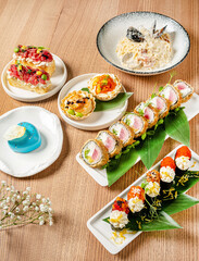 sushi set on the wooden background