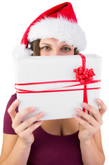 Festive brunette holding a gift