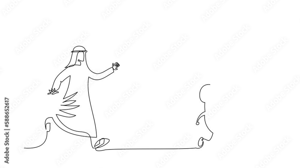 Poster animated self drawing of continuous line draw arabian businessman chasing alarm clock. management co
