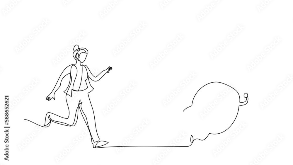 Poster animated self drawing of continuous line draw stressed businesswoman chasing alarm clock. manager be