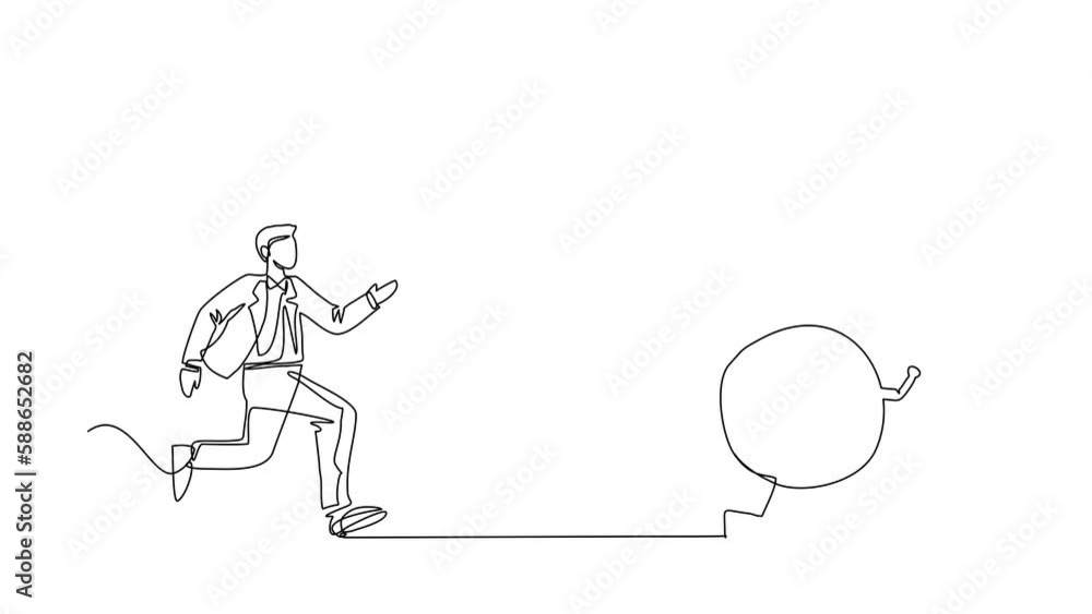 Poster animated self drawing of continuous one line draw stressed businessman chasing alarm clock. manager 