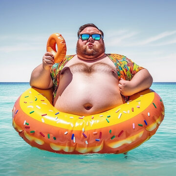 Fat man with an inflatable ring in the sea AI generated