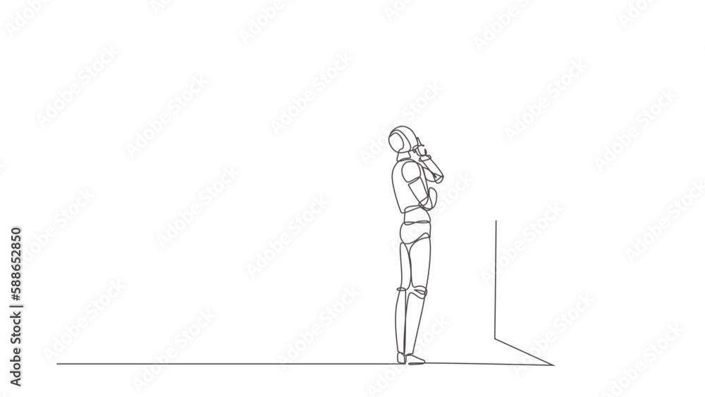 Poster animated self drawing of continuous line draw robot thinking in front of big obstacle or wall. moder