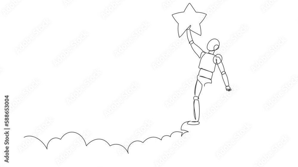 Poster animated self drawing of continuous one line draw robot reaching star on the sky. business champion 