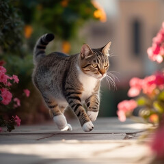chat qui cours dans les fleurs