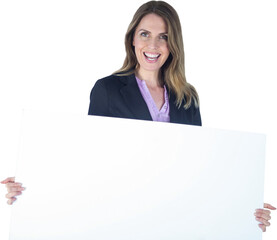 Beautiful businesswoman holding blank billboard over white background