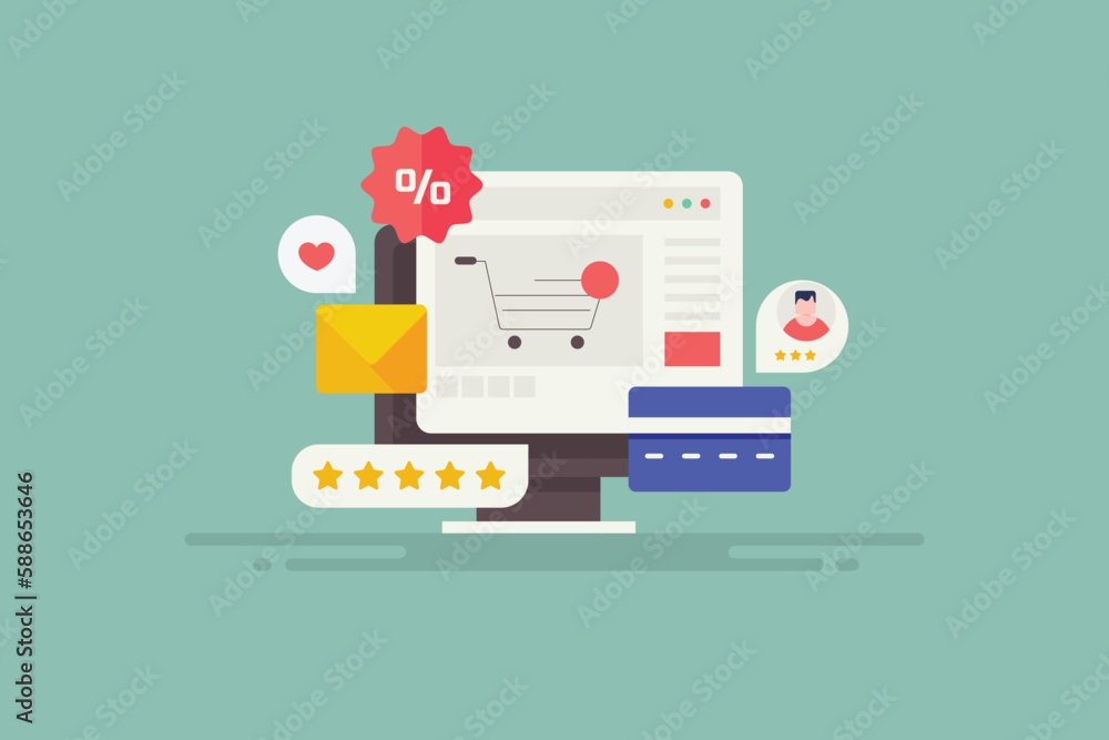 Poster digital payment for online ecommerce shopping store on computer screen, vector illustration web bann