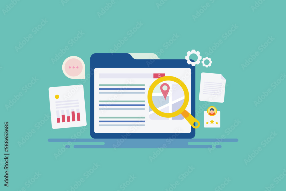 Poster search engine result on web page, seo analytics report website optimization cartoon style vector ill
