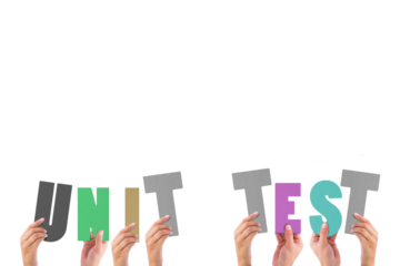 Colorful alphabet spelling unit test held up by people 