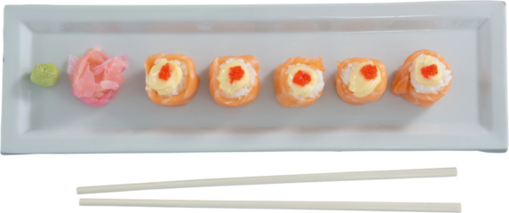 Close up of japanese food arranged in row on plate