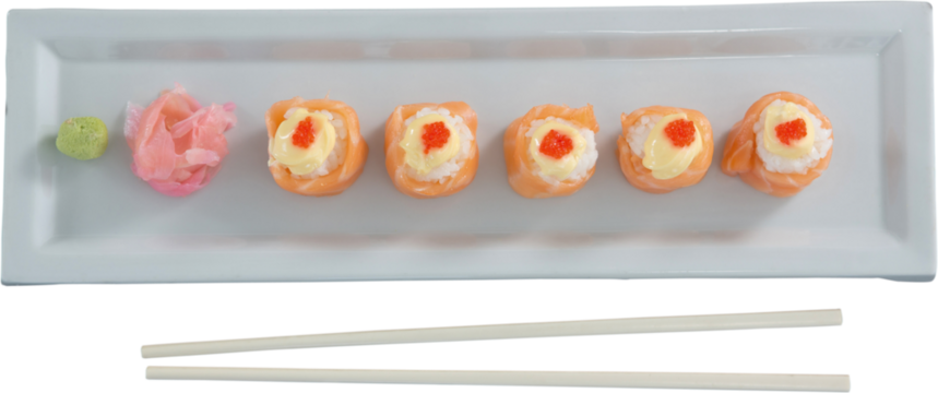 Close up of japanese food arranged in row on plate