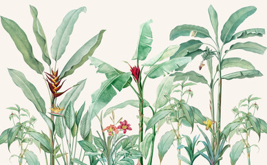 drawing green tropical plants on a white background