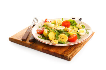 Plate of tasty potato salad isolated on white