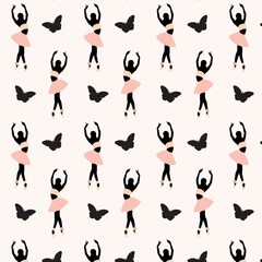 Seamless pattern of a faceless dancing ballerina silhouette with the butterfly on pink background