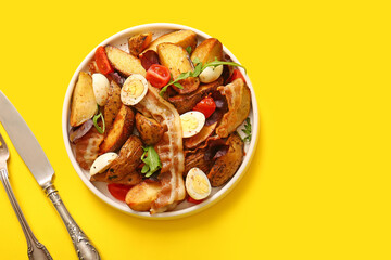 Plate of tasty potato salad with eggs, tomatoes and bacon on yellow background, top view
