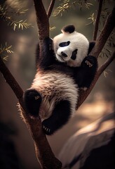 Obraz premium Panda hanging upside down from a tree branch, generative ai