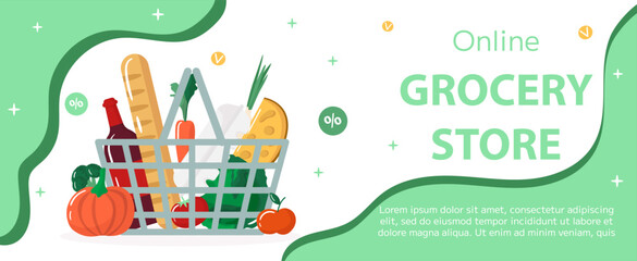 Vector online grocery store banner template. Fresh products in shopping cart on green background. Horizontal backdrop, flyer, brochure for sale, discount, offers